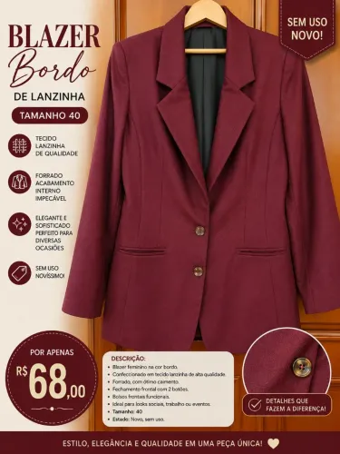 Blazer bordo de lanzinha forrado, número 42, sem uso