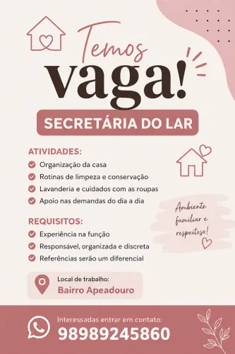 Vaga para secretária do lar
