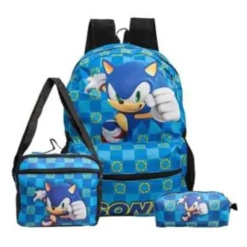 Kit Escolar Sonic Azul Mochila Costas Lancheira Térmica E Estojo