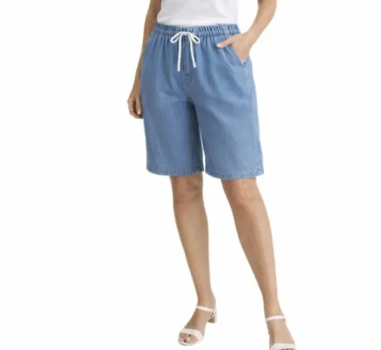 Bermuda em malha jeans algodão, poliéster e elastano pernas largas elast cintura 
