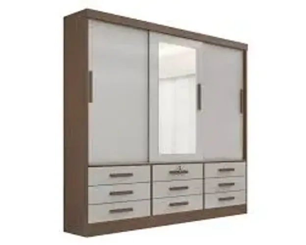 Guarda Roupa Meridian Plus 3Pts 9Gvs com Espelho Castanho.Off White DDoro - Entrega Rápida