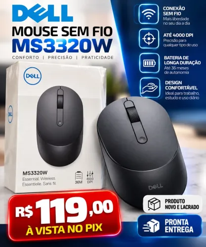 Mouse Dell Sem Fio MS3320W, 1.600 DPI, 3 Botões, Bluetooth 5.0, Preto