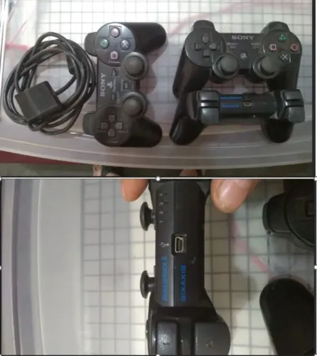 Controles PlayStation: 1x PS2 (Com Fio) e 2x PS3 DualShock 3 Sixaxis