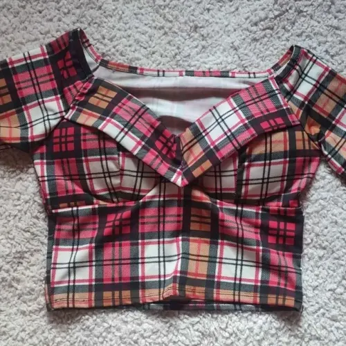 Blusa Xadrez Cropped com Manga Longa P