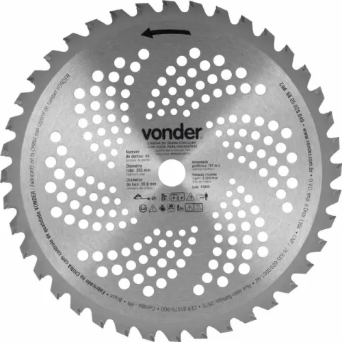 Lâmina circular com vídea, para roçadeiras, 255 mm x 20 mm, 40 dentes, VONDER 