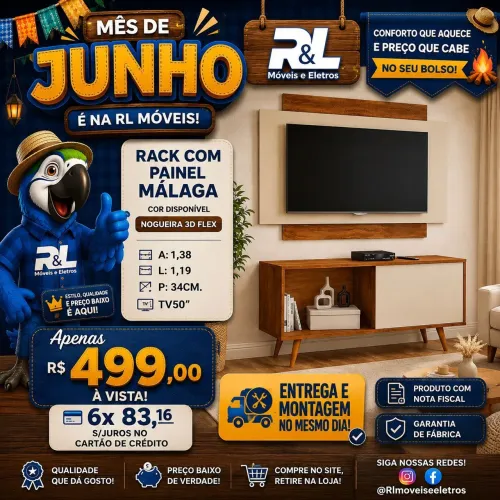 Painel Com Rack Málaga Para Tv Até 50/ Entrega É Montagem Grátis Loja R L Moveis 