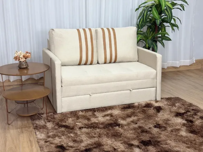 Sofa Cama Dominic 1.40m - Bege Linho/Marrom Courino 