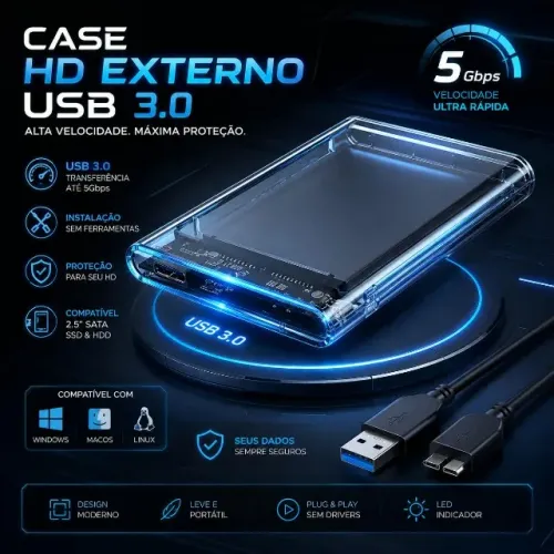 Case hd externo transparente de USB 3.0 ( Produto novo zerado ) somente até 26/08/2026