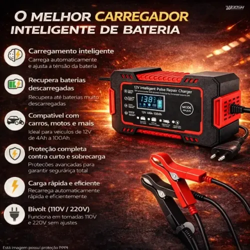 Carregador Inteligente De Bateria Automotiva 12v 6a Bivolt Recupera Baterias 4ah A 100ah T