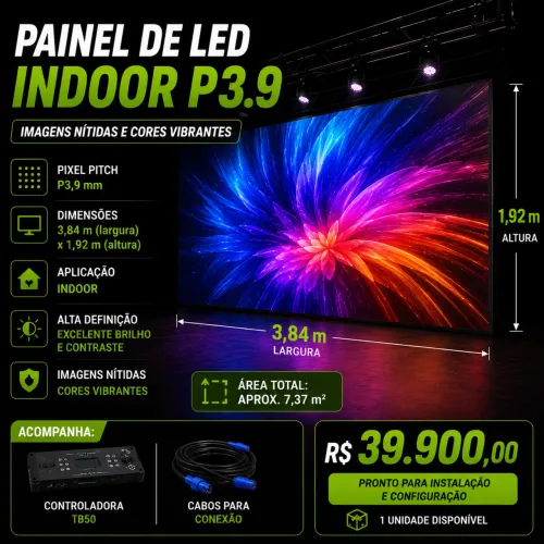 Painel LED P3.9 Indoor 3,84x1,92m Completo + TB50
