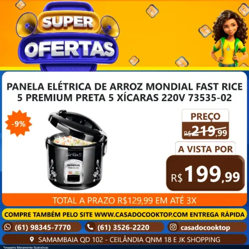 PANELA ELÉTRICA DE ARROZ MONDIAL FAST RICE 5 PREMIUM PRETA 5 XÍCARAS 220V 73535-02