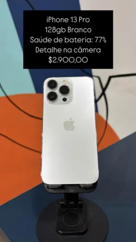 iPhone 13 Pro / 128 Gigas / Branco / Saúde de bateria 77% / Detalhe camera / R$ 2.900,00