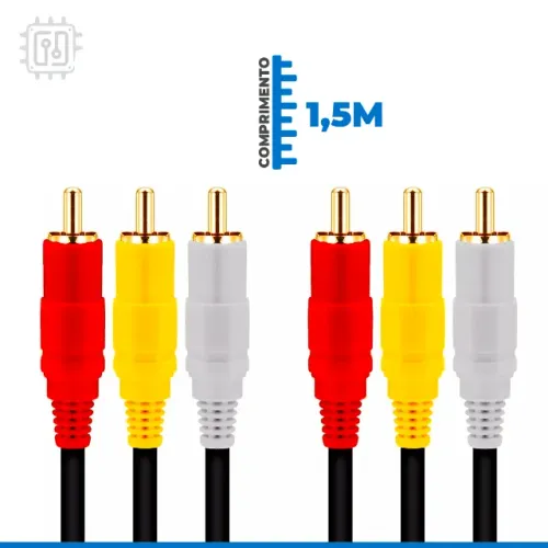 Cabo 3 Rca x 3 Rca Áudio e Vídeo 1.5m Reforçado com Pontas Douradas
