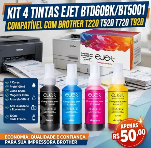 Pacote com 4 tintas compatíveis para Bt-D60bk para Bt5001 T220 T520 T720 T920 Kit4 Tinta