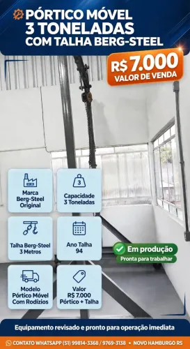 *PÓRTICO 3 TONELADAS +TALHA 500KG - R$ 7.000*