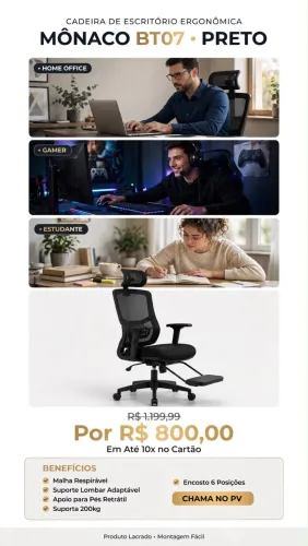 Cadeira De Escritório Ergonômica Mônaco BT07 Preto