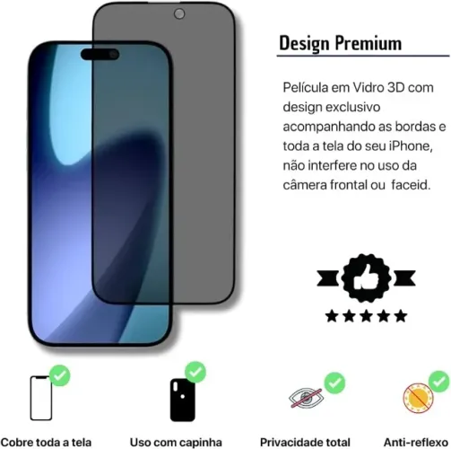 Película de Privacidade iPhone 15 / 15 Pro Max / 17 / 17 Pro | Vidro 3D Premium Anti-Es