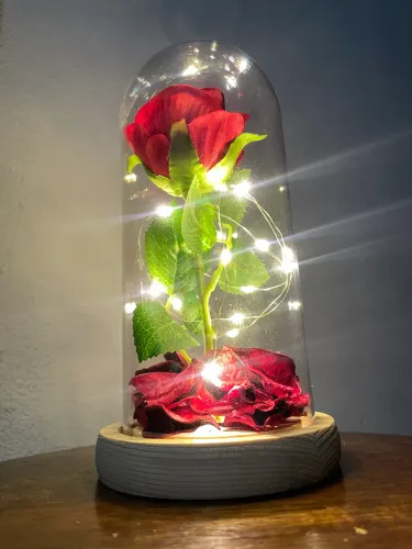 Rosa Artificial em Redoma com Luzes LED Bela e a Fera