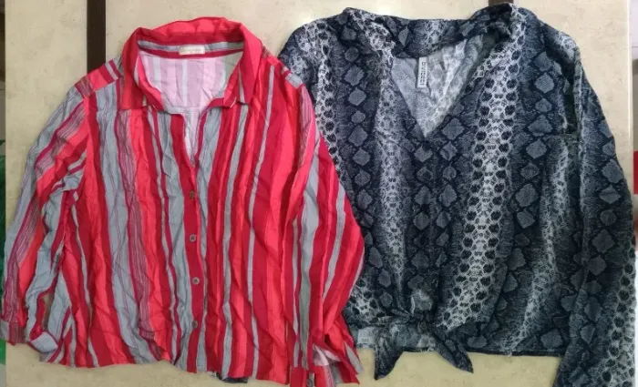 Usadas 2 blusas estilo cropped tam 44 estampa animal print cobra e listrada vermelha