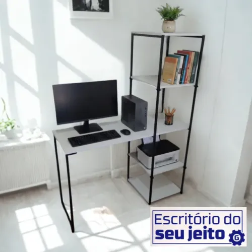 Mesa para Computador Industrial NOVA Escrivaninha Multiuso com Estante Notebook de Estudo
