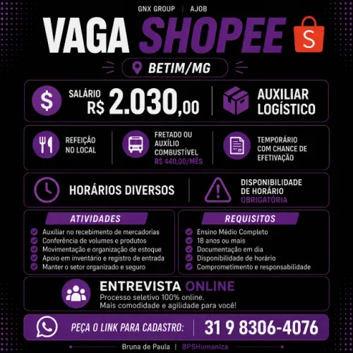 Auxiliar de Logística - Shopee Betim