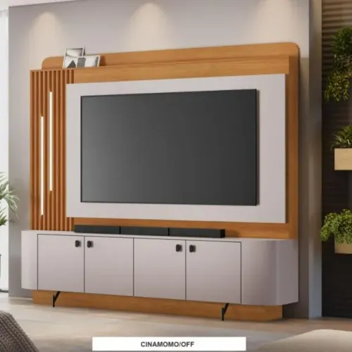 Home Dominus Candian Larg. 1.82m Cinamomo/Off White C/Detalhe Ripado e Luminárias em LED 