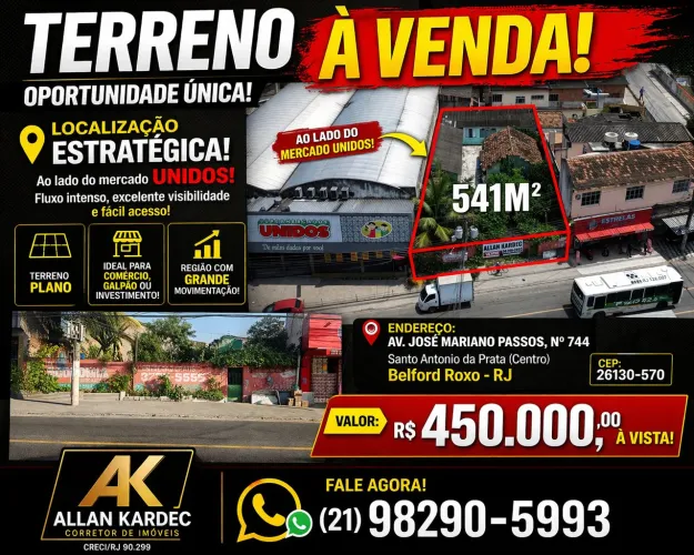 Vendo terreno plano, com área total de 541m². Bairro: Centro, Belford Roxo/RJ