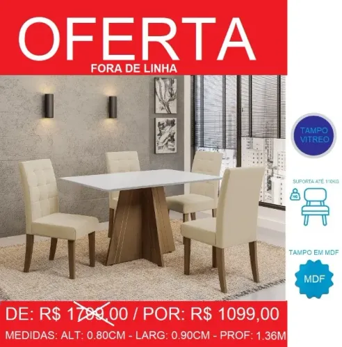 mesa c/ 4 cadeiras alt: 0,80 larg: 0,90 prof: 1,36 - super oferta!