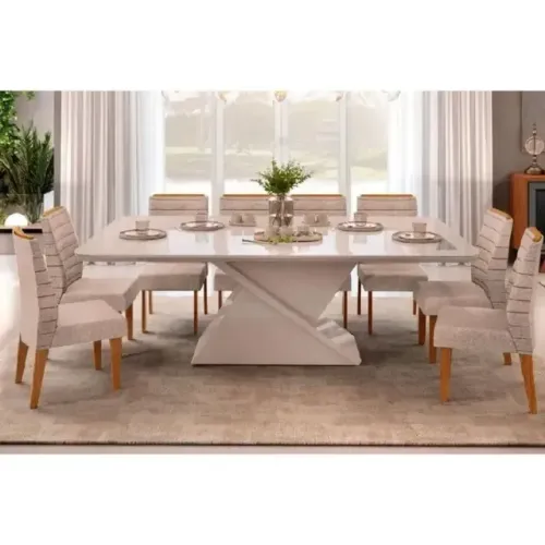 Mesa de Jantar com Tampo em Vidro e 8 Cadeiras no Off White