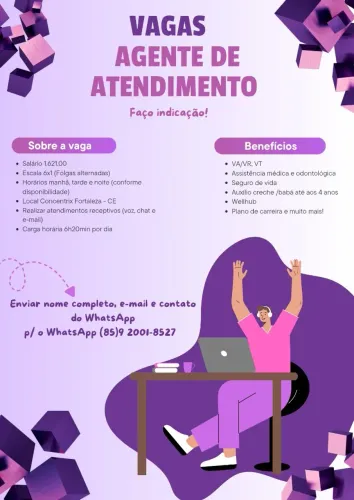 Vagas Agente de Atendimento - Vaga também aberta para PcD.
