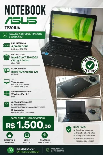 Notebook Asus TP301UA, 4gb de ram, ssd 120GB, core i5 620OU, touch-screen