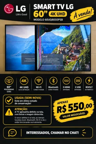 Smart TV LG 60? 4K UHD - Wi-Fi e Bluetooth - Com defeito na tela