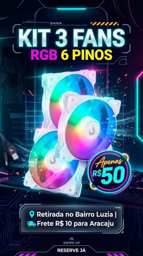 Kit 3 Fans Ventoinhas para PC Gamer 6 Pinos