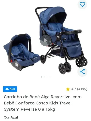 VENDO CARRINHO DE BEBÊ ALÇA REVERSÍVEL COM BEBÊ CONFORTO COSCO REVERSE AZUL
