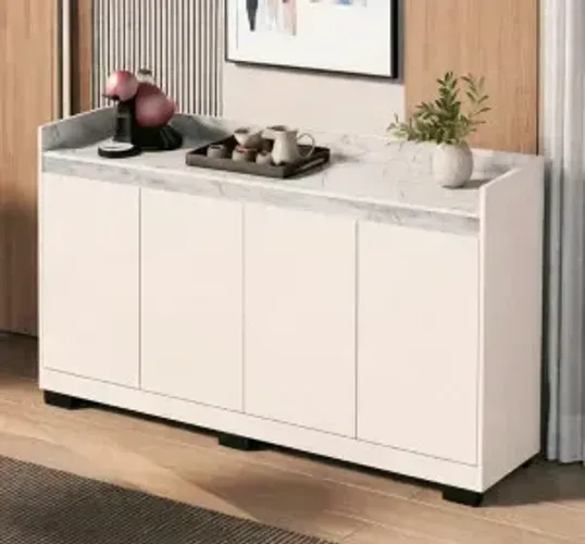 Buffet Real 4 Portas Marmorizado Off/Marmore Branco