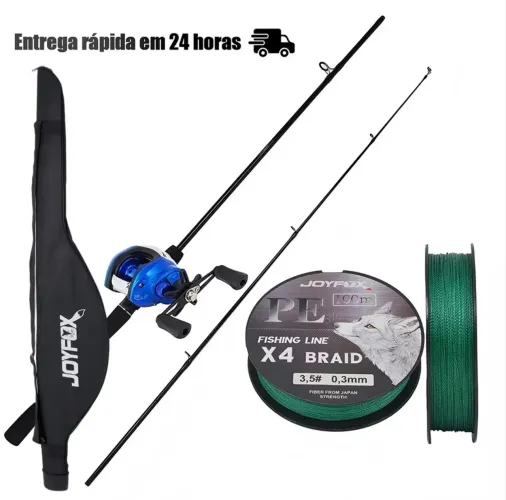 Tralha de pesca carretilha e vara com capa e linha