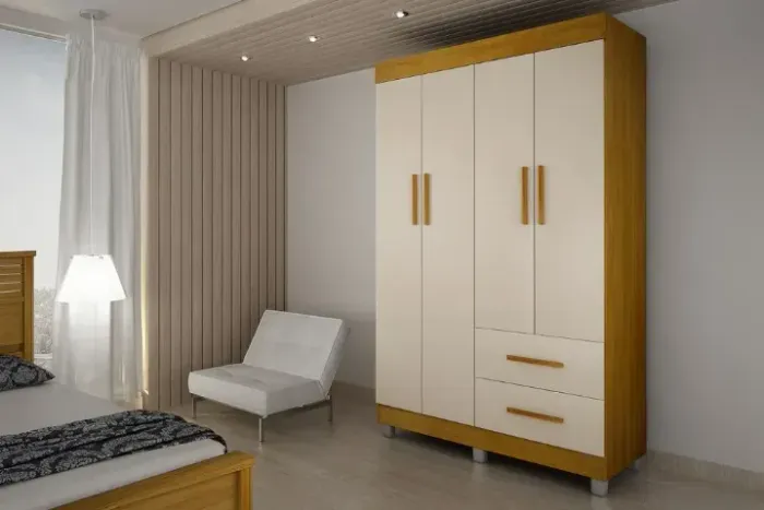 Guarda roupa Cali 4 portas e 2 gavetas branco, cinamomo e cinamomo com off