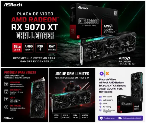 Placa de Vídeo ASRock AMD Radeon RX 9070 XT Challenger, 16GB, GDDR6, FSR, Ray Tracing