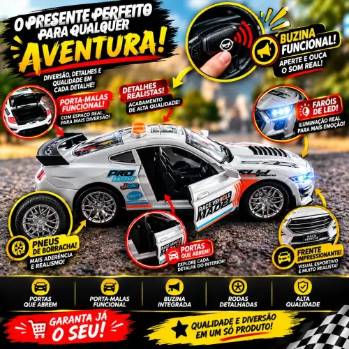 Mini Carro Ford Mustang Shelby GT-500 Branco Metálico Anda Abre as Portas Buzina Promoção