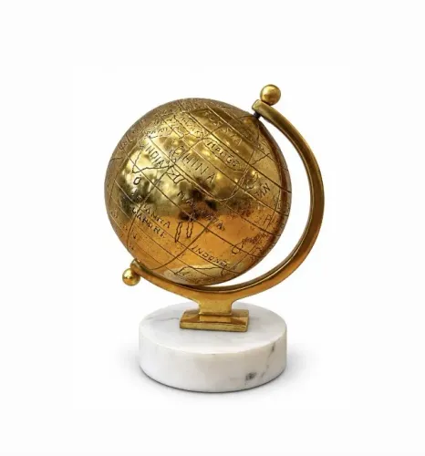Escultura Decorativa Globo Dourado em Alumínio com Base de Mármore 19cm