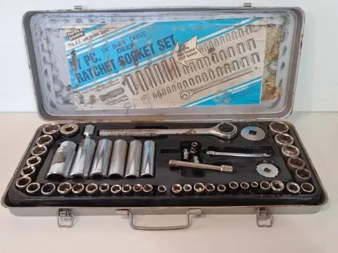 Jogo de chaves cachimbo (soquete) Durex com 47pcs mm e pol. anos 1970