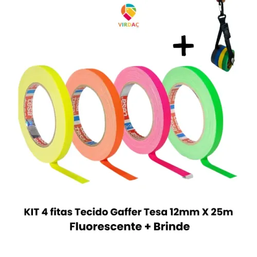 Fita Gaffer Fluorescente Tesa 12mm X 25m - Kit com 4 Cores + Brinde