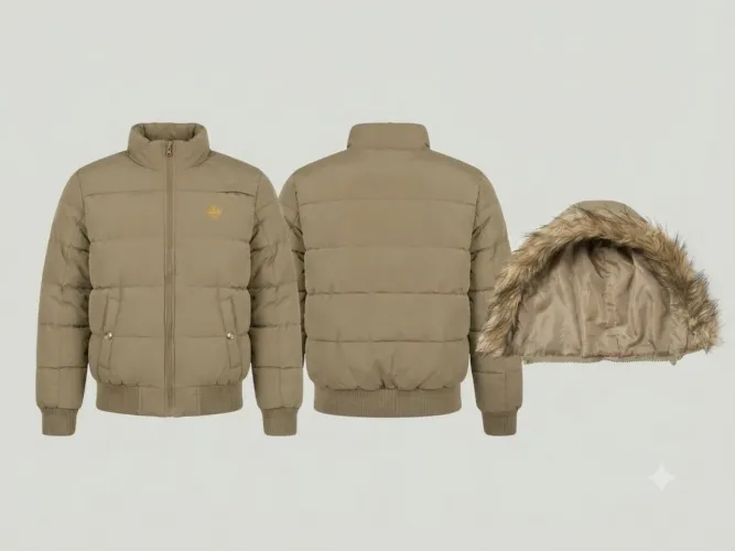 Jaqueta Puffer Feminina TNG Original Bege/Verde militar com Capuz Removível Tam.P