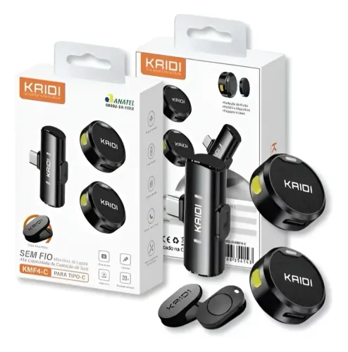 Microfone Lapela Kaidi Tipo C Android ou IPhone 15 e 16 Preto Sem Fio