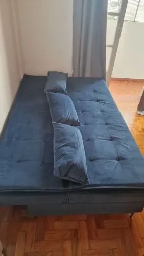 Sofá-Cama Ortobom Veludo Azul - Estilo Retrô (Impecável!)