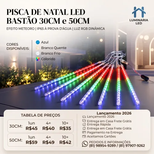 PISCA DE NATAL LED BASTÃO 30CM e 50CM<br>BASTÃO 30CM e 50CM