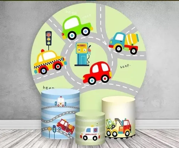 Capa Painel De Festa 1,5x1,5 + Trio Capa Cilindro - Carrinhos