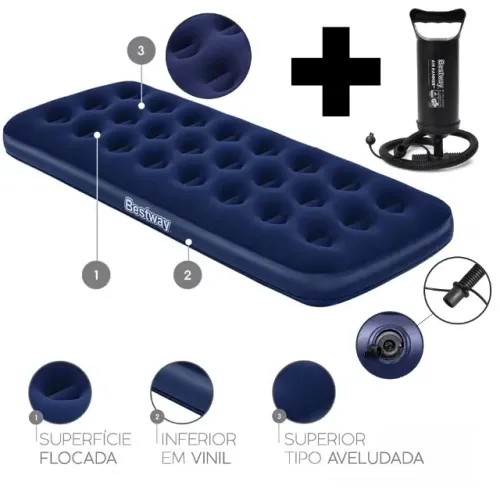 Colchão Solteiro  Azul Inflável Camping 150kg + Bomba Ar 