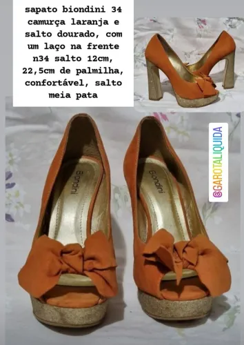 Sapato Biondini 34 Laranja Camurça Salto Dourado