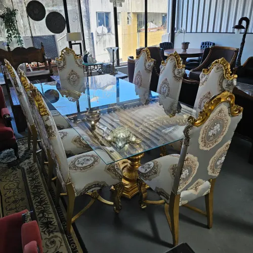 Moveis luxo, mesa de jantar com 8 cadeiras super luxo de madeira folheado a ouro